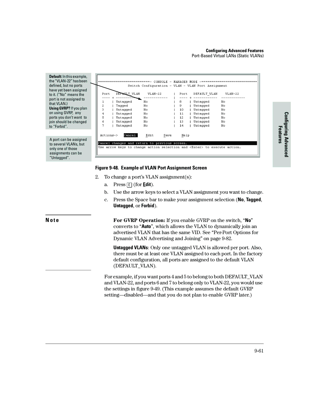 HP 2500 manual Example of Vlan Port Assignment Screen, Untagged, or Forbid 