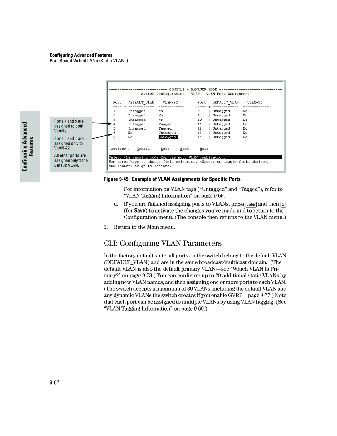 HP 2500 manual CLI Configuring Vlan Parameters, Example of Vlan Assignments for Specific Ports 