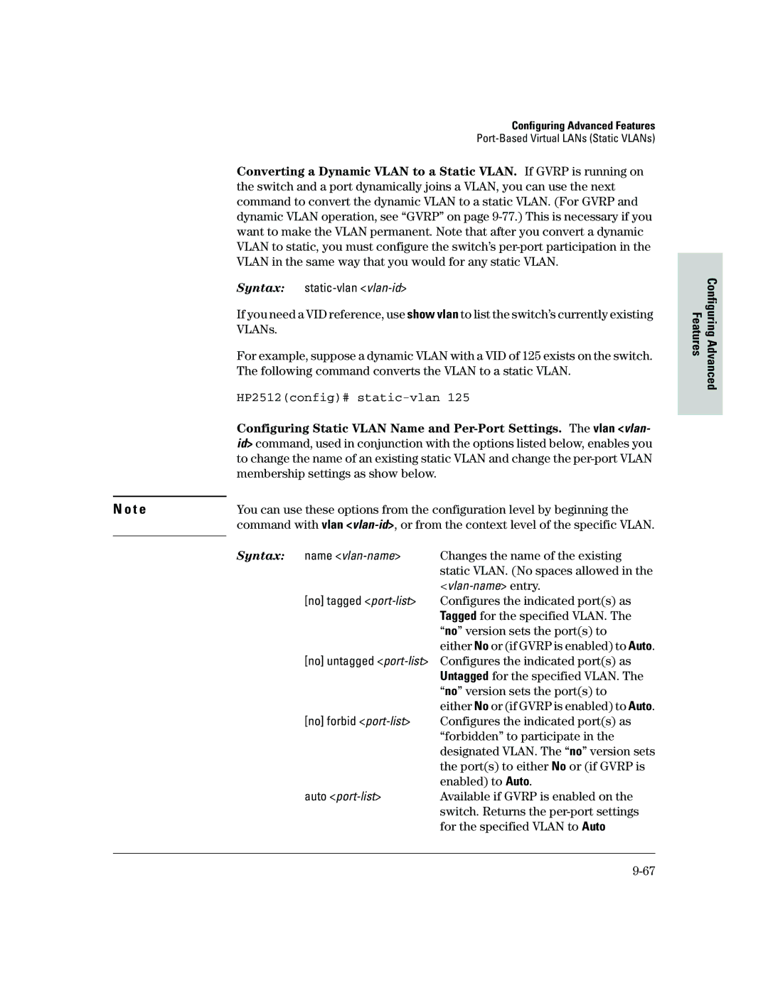 HP 2500 manual HP2512config# static-vlan 