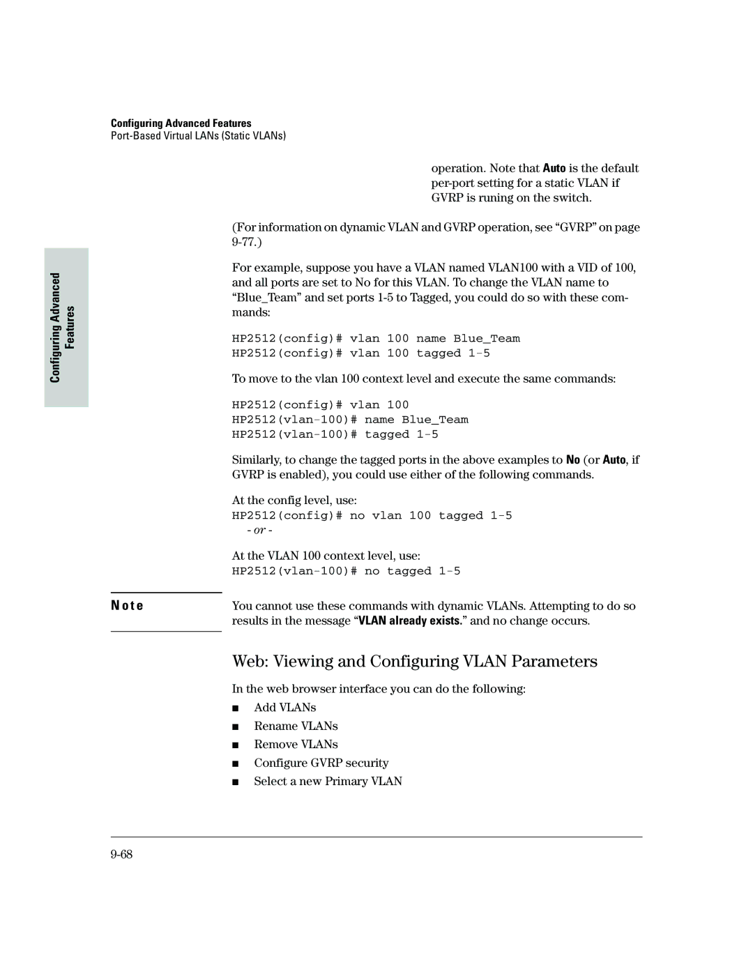 HP 2500 Web Viewing and Configuring Vlan Parameters, HP2512config# no vlan 100 tagged, At the Vlan 100 context level, use 