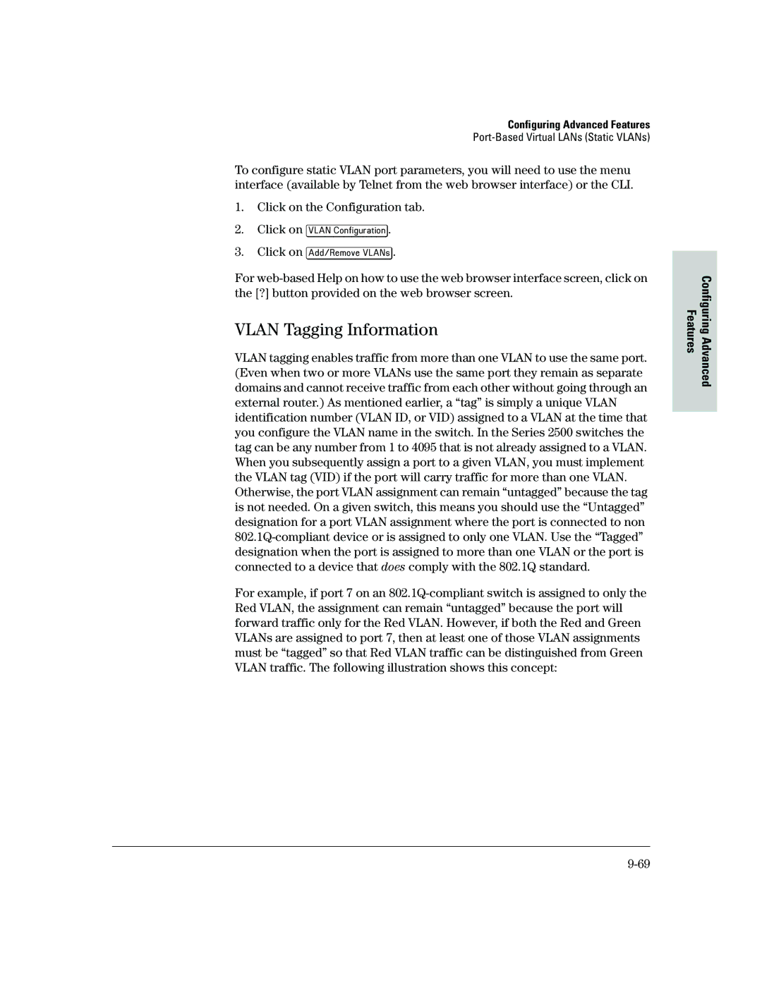 HP 2500 manual Vlan Tagging Information, Click on Vlan Configuration Click on Add/Remove VLANs 