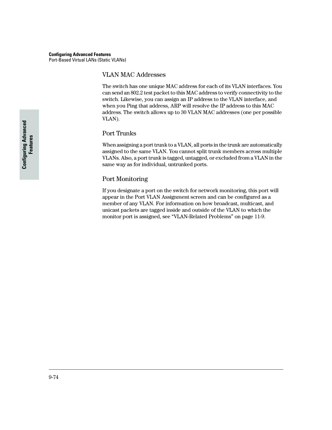 HP 2500 manual Vlan MAC Addresses, Port Trunks, Port Monitoring 