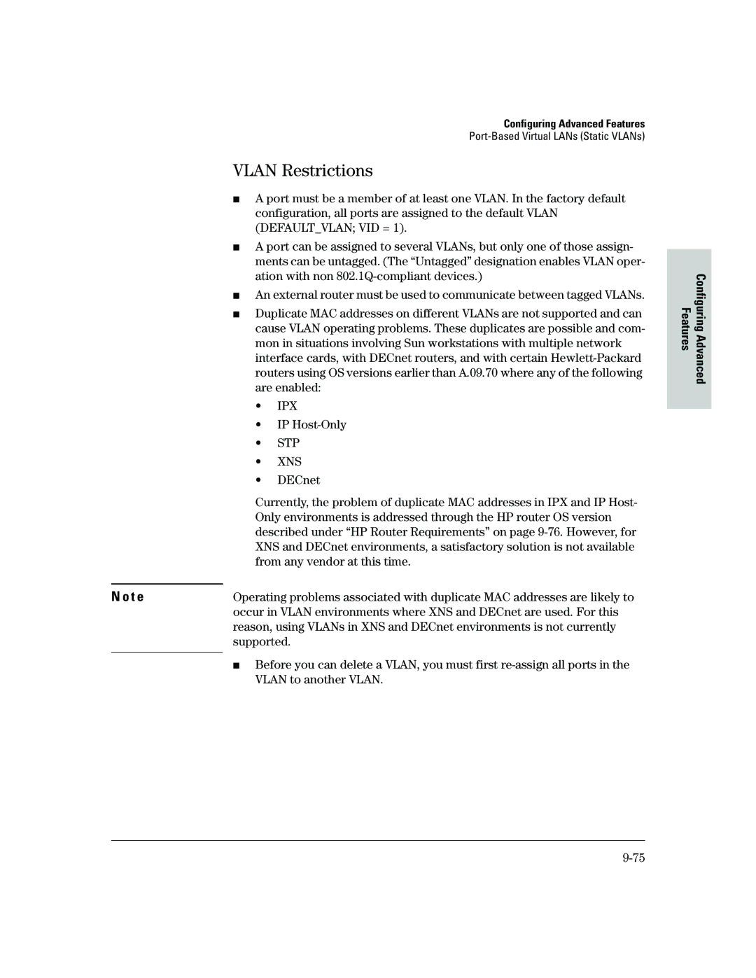 HP 2500 manual Vlan Restrictions, IP Host-Only, Supported, Vlan to another Vlan 