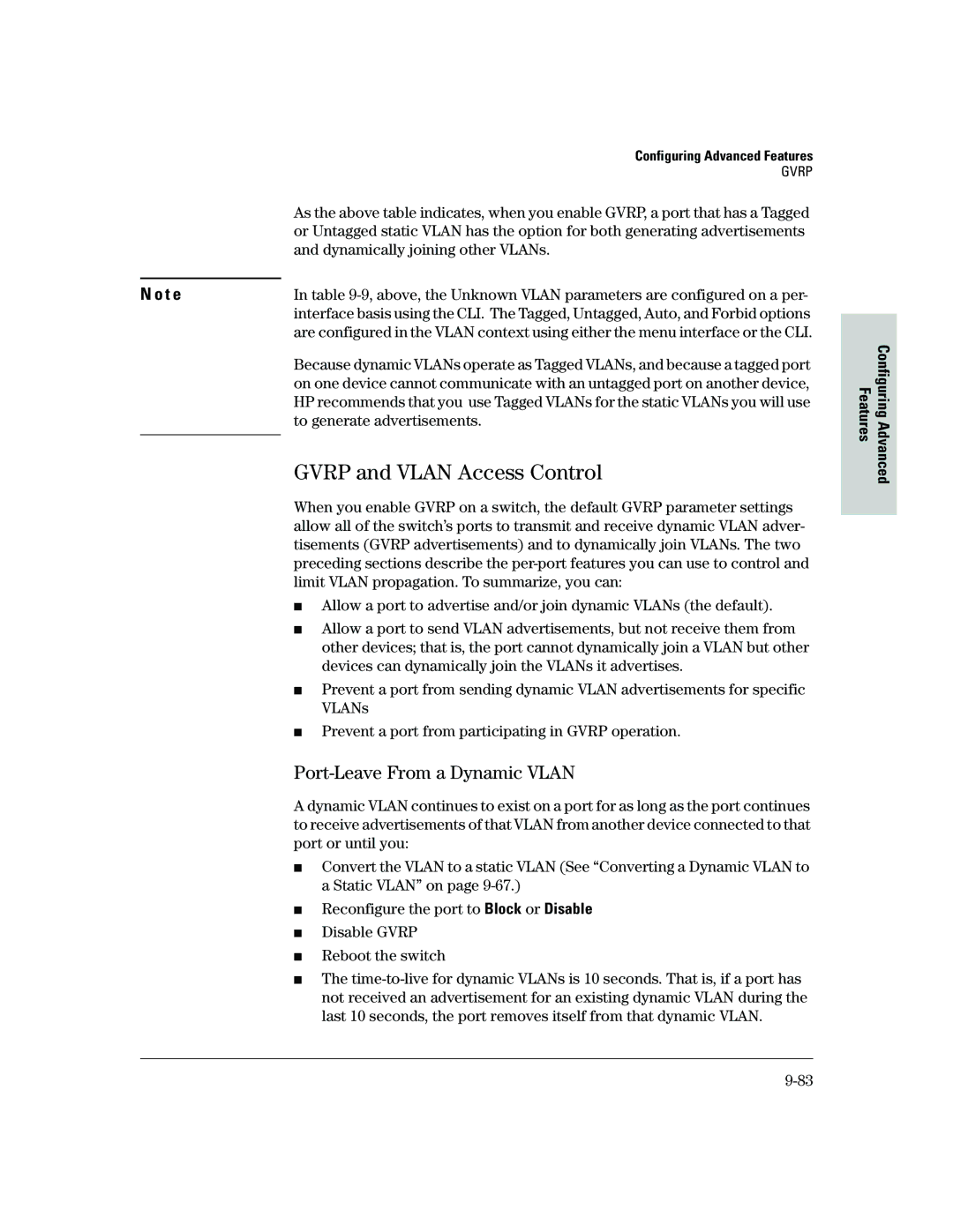 HP 2500 manual Gvrp and Vlan Access Control, Port-Leave From a Dynamic Vlan, Dynamically joining other VLANs 