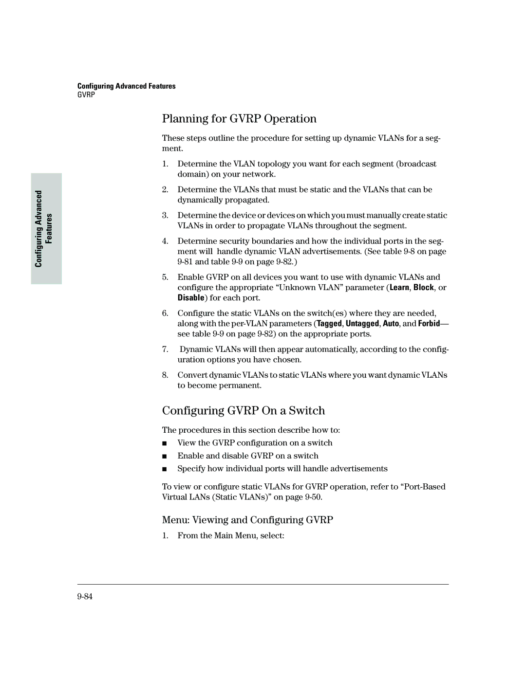 HP 2500 manual Planning for Gvrp Operation, Configuring Gvrp On a Switch, Menu Viewing and Configuring Gvrp 