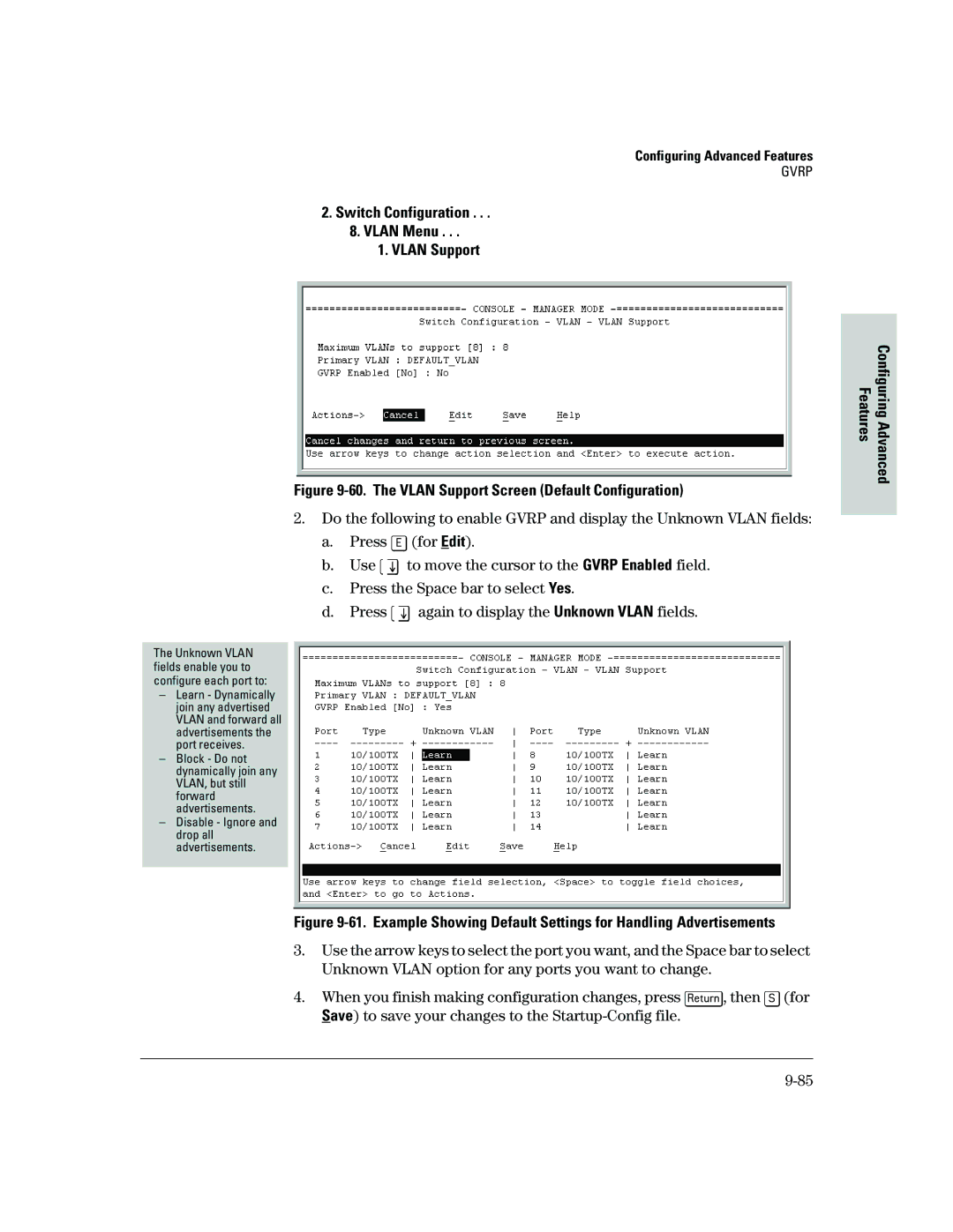 HP 2500 manual The Vlan Support Screen Default Configuration 