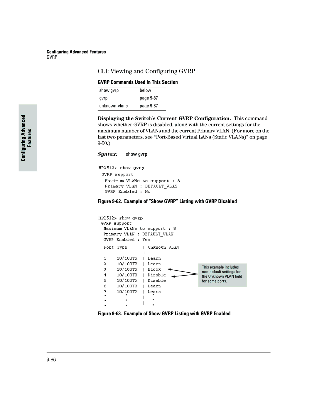 HP 2500 manual CLI Viewing and Configuring Gvrp, Gvrp Commands Used in This Section, Show gvrp Below Gvrp Unknown -vlans 