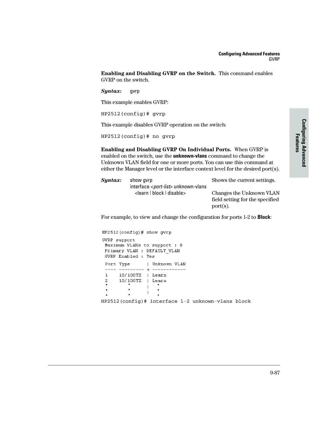 HP 2500 manual HP2512config# gvrp, HP2512config# no gvrp, HP2512config# interface 1-2 unknown-vlans block 