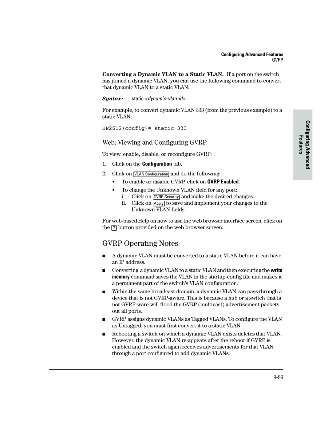 HP 2500 manual Gvrp Operating Notes, Web Viewing and Configuring Gvrp, HP2512config# static 