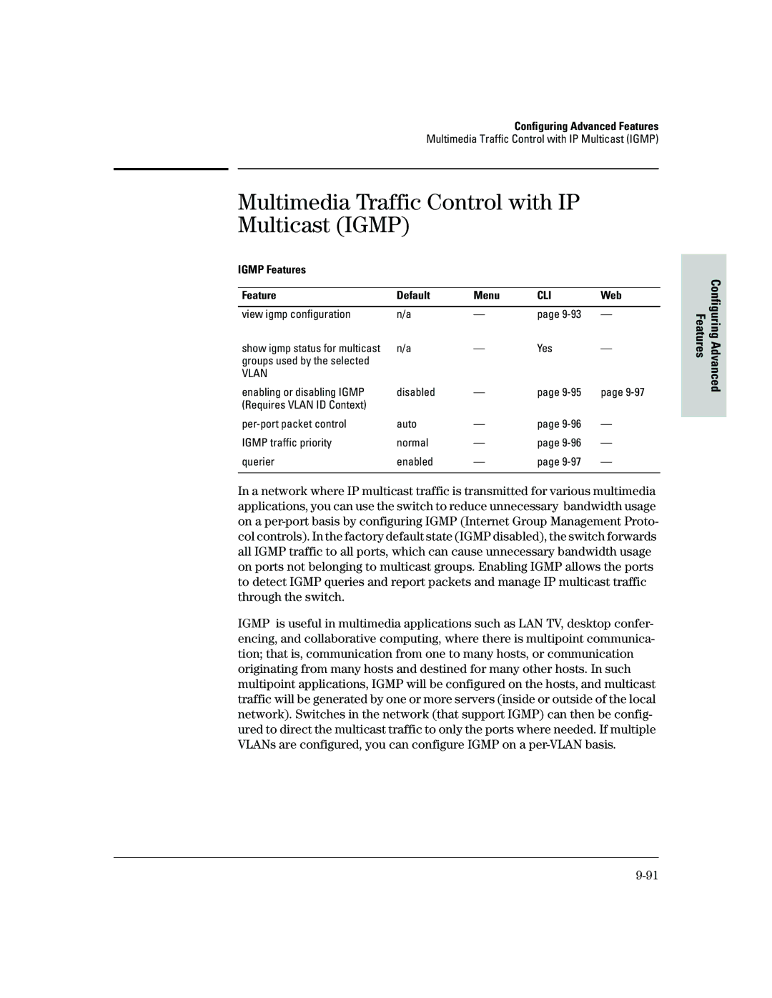 HP 2500 manual Multimedia Traffic Control with IP Multicast Igmp, Igmp Features Default Menu, View igmp configuration 