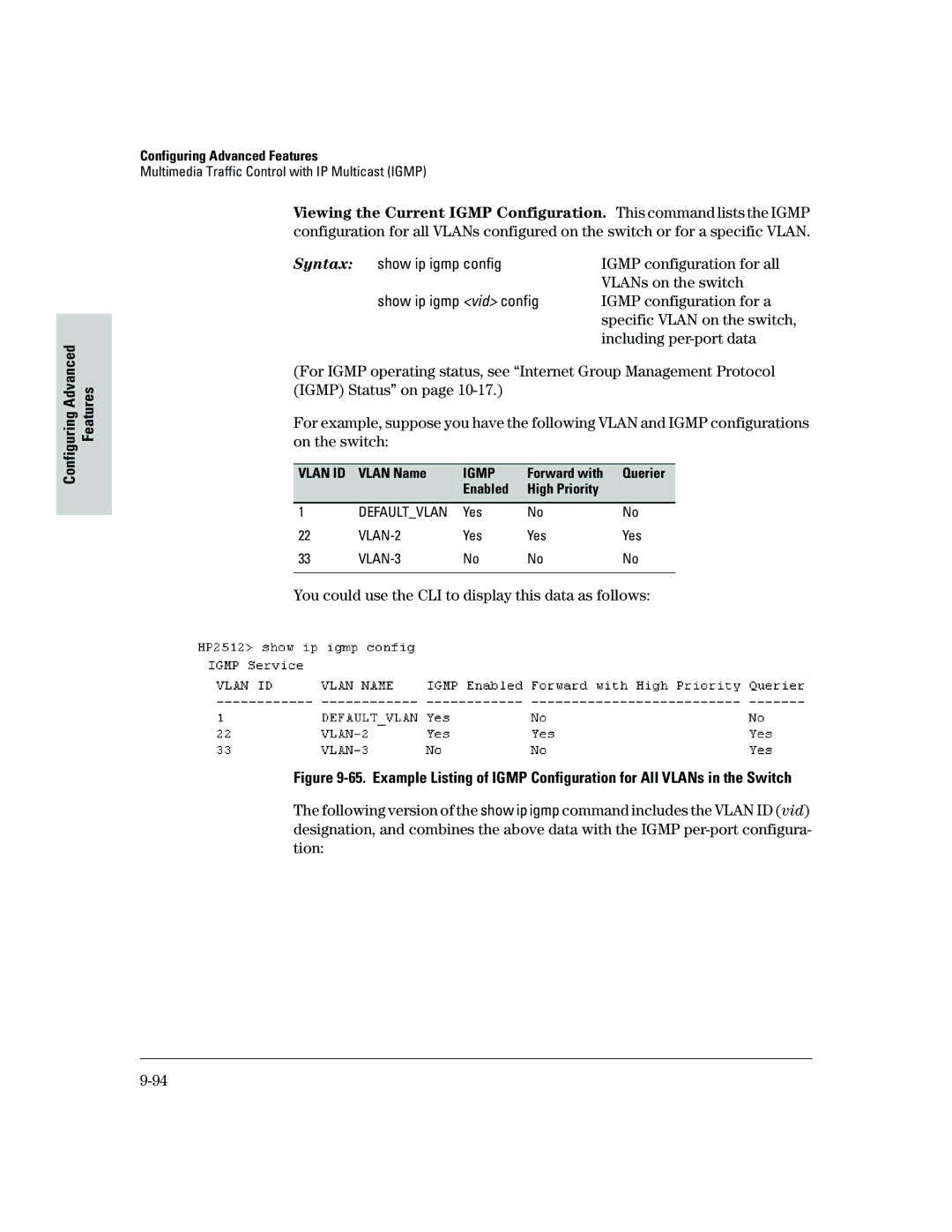 HP 2500 manual Igmp configuration for all, VLANs on the switch, Including per-port data 