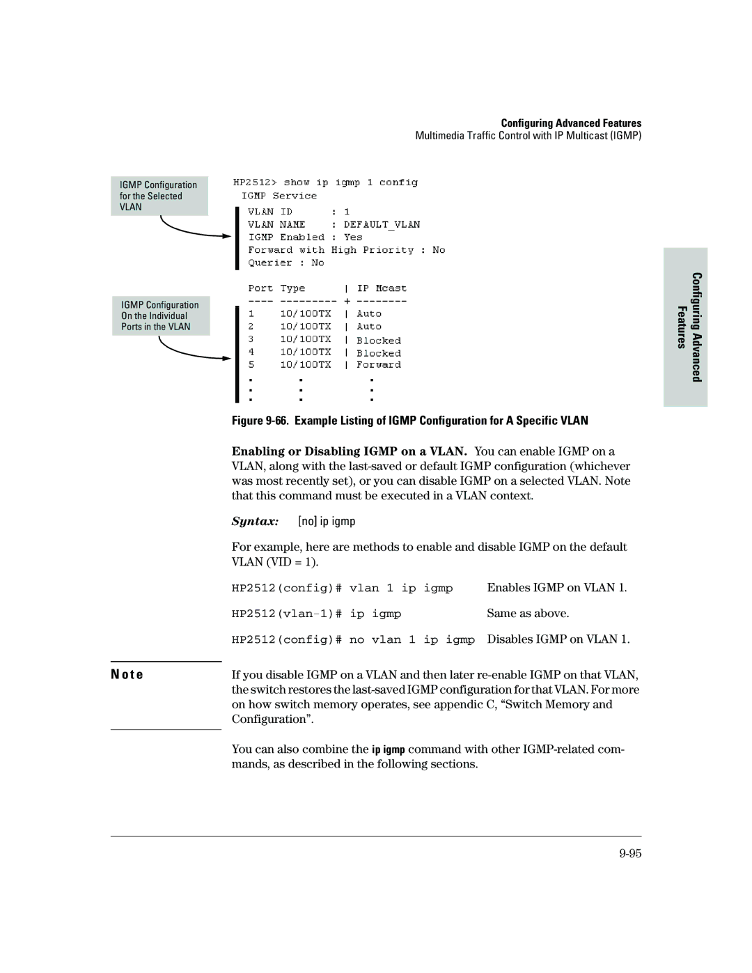 HP 2500 manual HP2512config# vlan 1 ip igmp, HP2512vlan-1# ip igmp, HP2512config# no vlan 1 ip igmp 