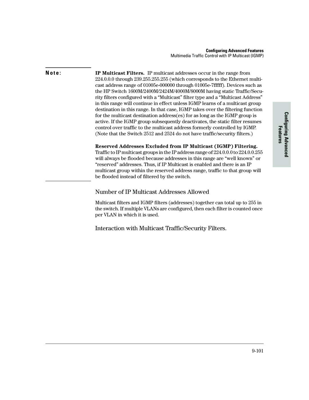 HP 2500 manual Number of IP Multicast Addresses Allowed, Interaction with Multicast Traffic/Security Filters, 101 