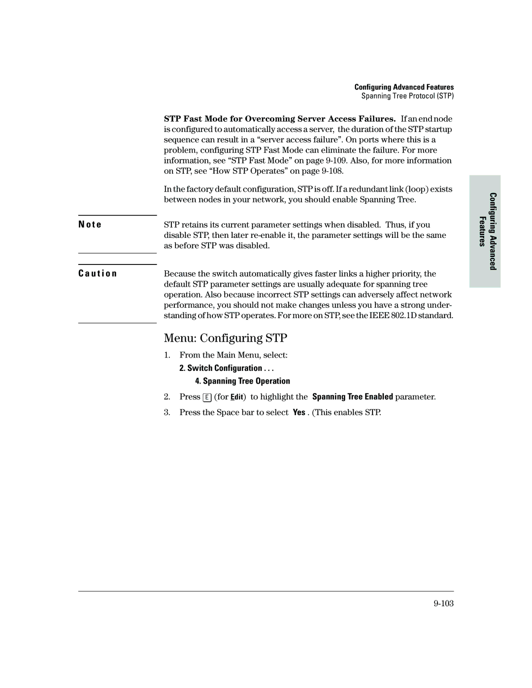 HP 2500 manual Menu Configuring STP, Switch Configuration Spanning Tree Operation 