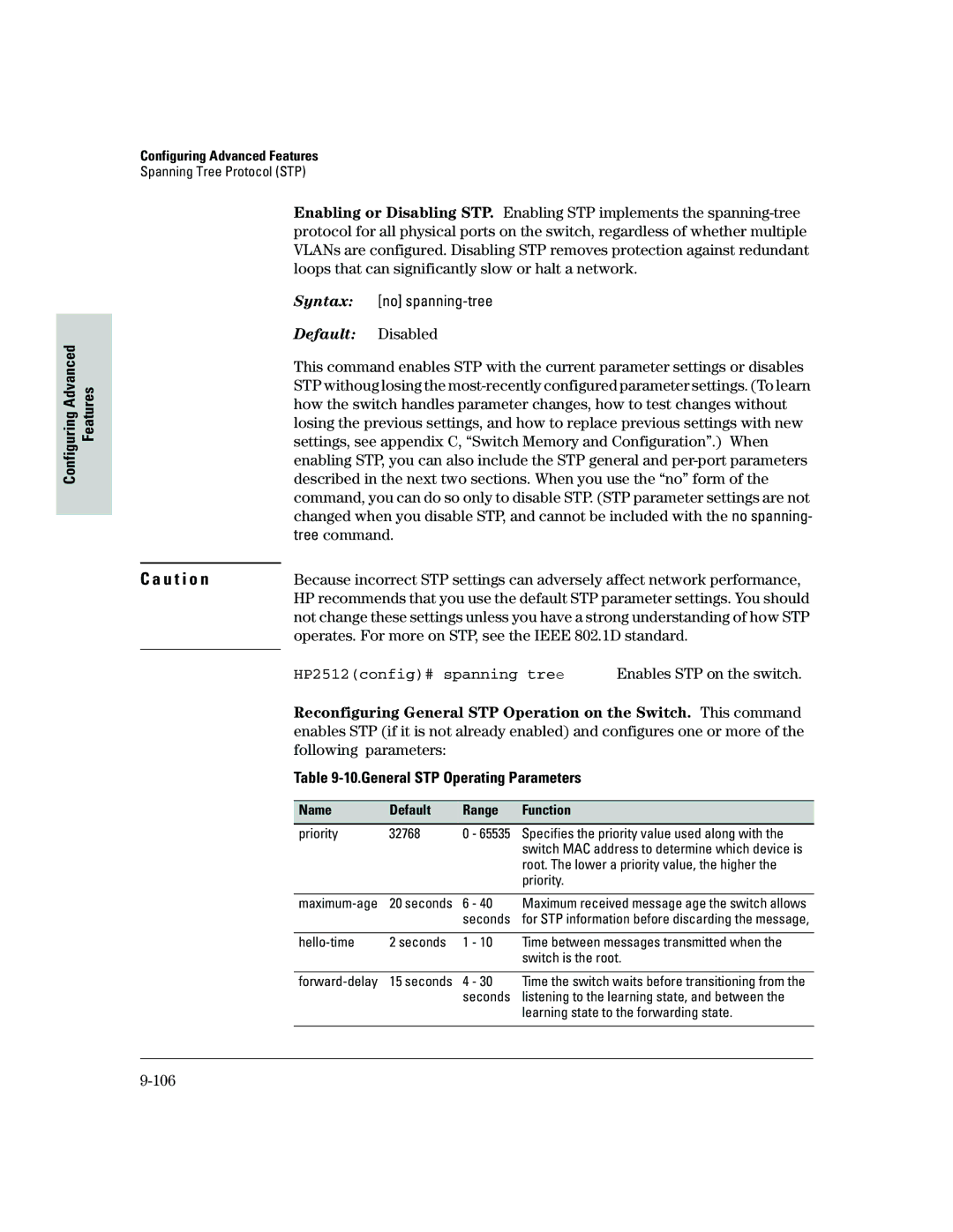 HP 2500 manual HP2512config# spanning tree, General STP Operating Parameters 