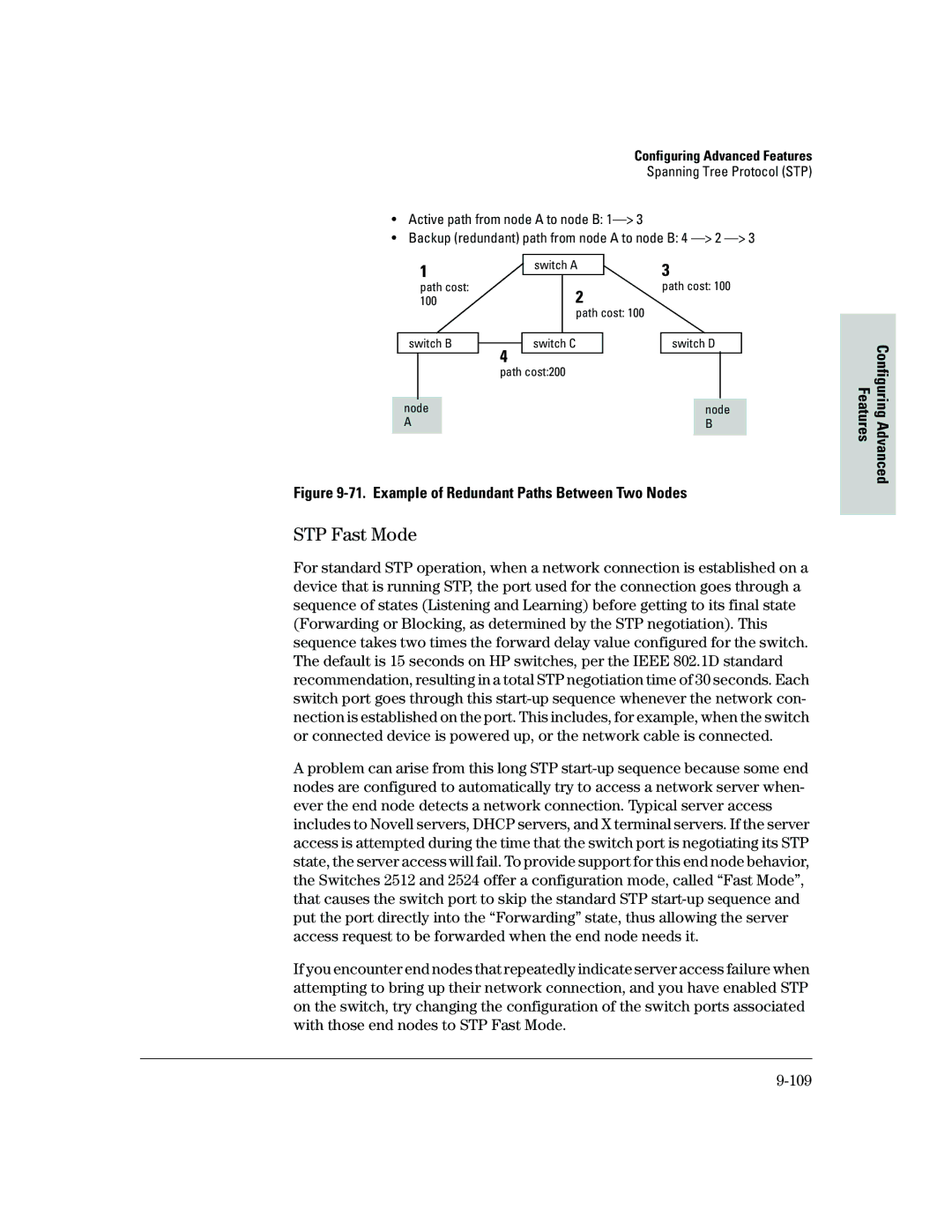 HP 2500 manual STP Fast Mode, Example of Redundant Paths Between Two Nodes 