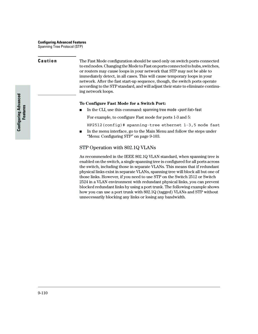 HP 2500 manual STP Operation with 802.1Q VLANs, Ing network loops, To Configure Fast Mode for a Switch Port, 110 