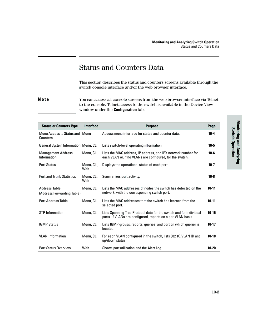 HP 2500 manual Status and Counters Data, Window under the Configuration tab, 10-3, Interface Purpose 