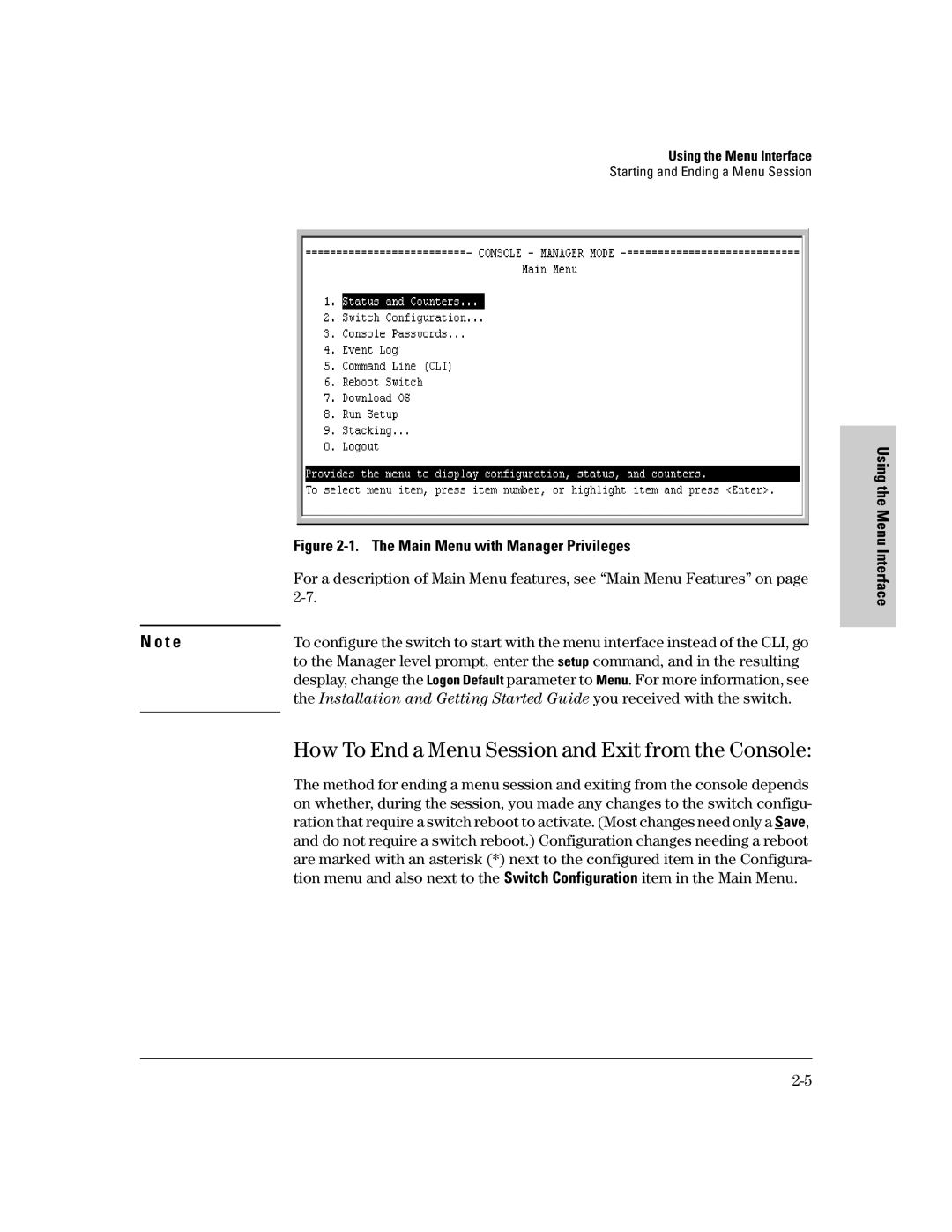 HP 2500 manual How To End a Menu Session and Exit from the Console, Main Menu with Manager Privileges 