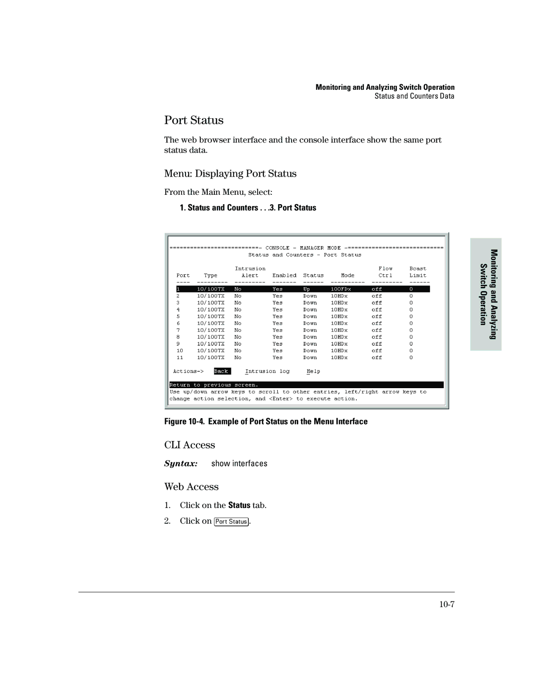 HP 2500 manual Menu Displaying Port Status, Web Access, Status and Counters . . .3. Port Status Switch Operation, 10-7 