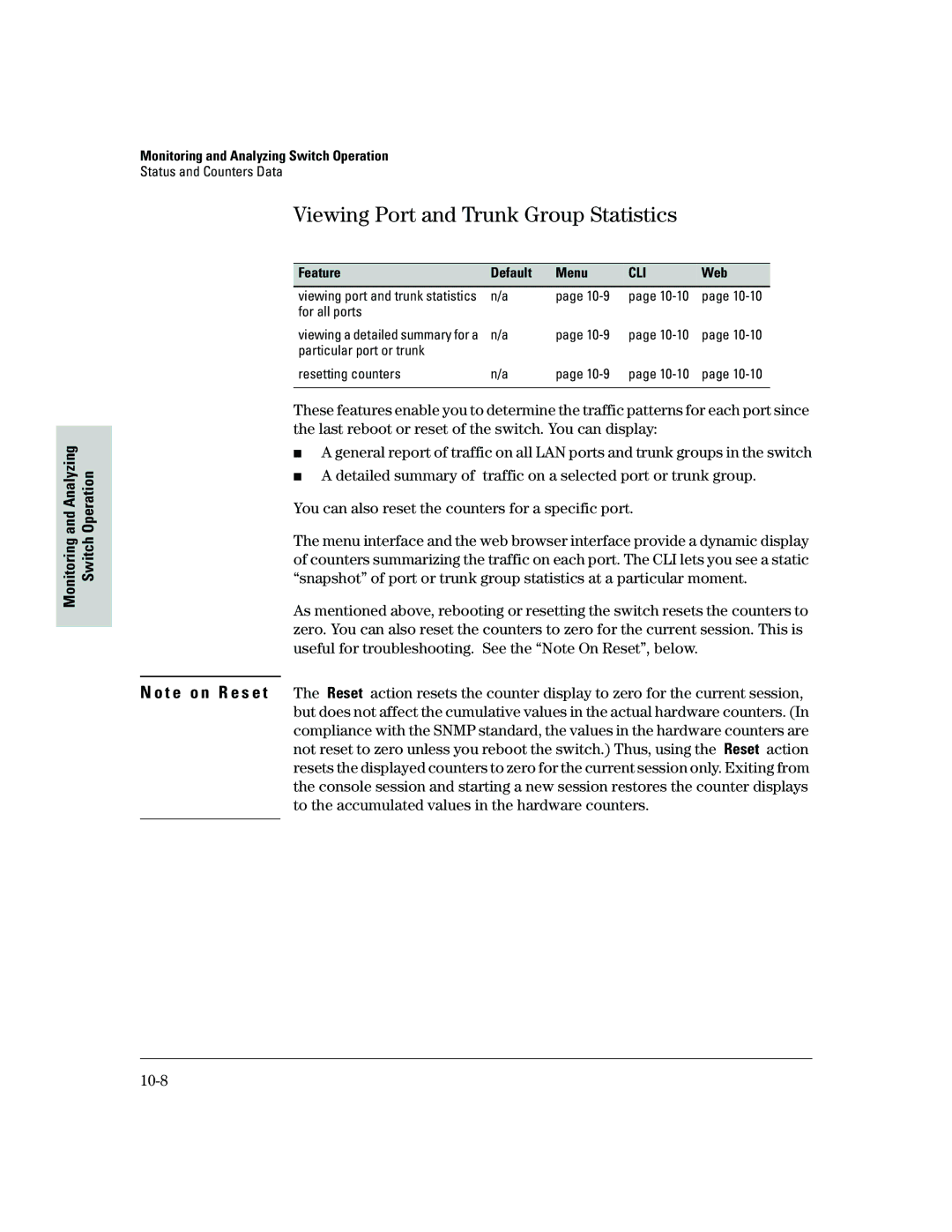 HP 2500 manual Viewing Port and Trunk Group Statistics, For all ports, Particular port or trunk Resetting counters 