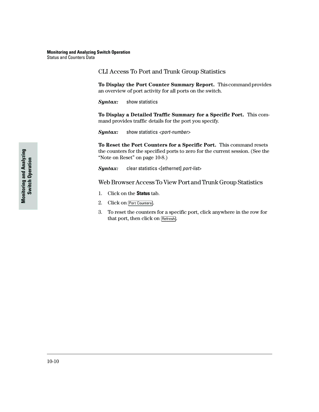 HP 2500 manual CLI Access To Port and Trunk Group Statistics, Web Browser Access To View Port and Trunk Group Statistics 