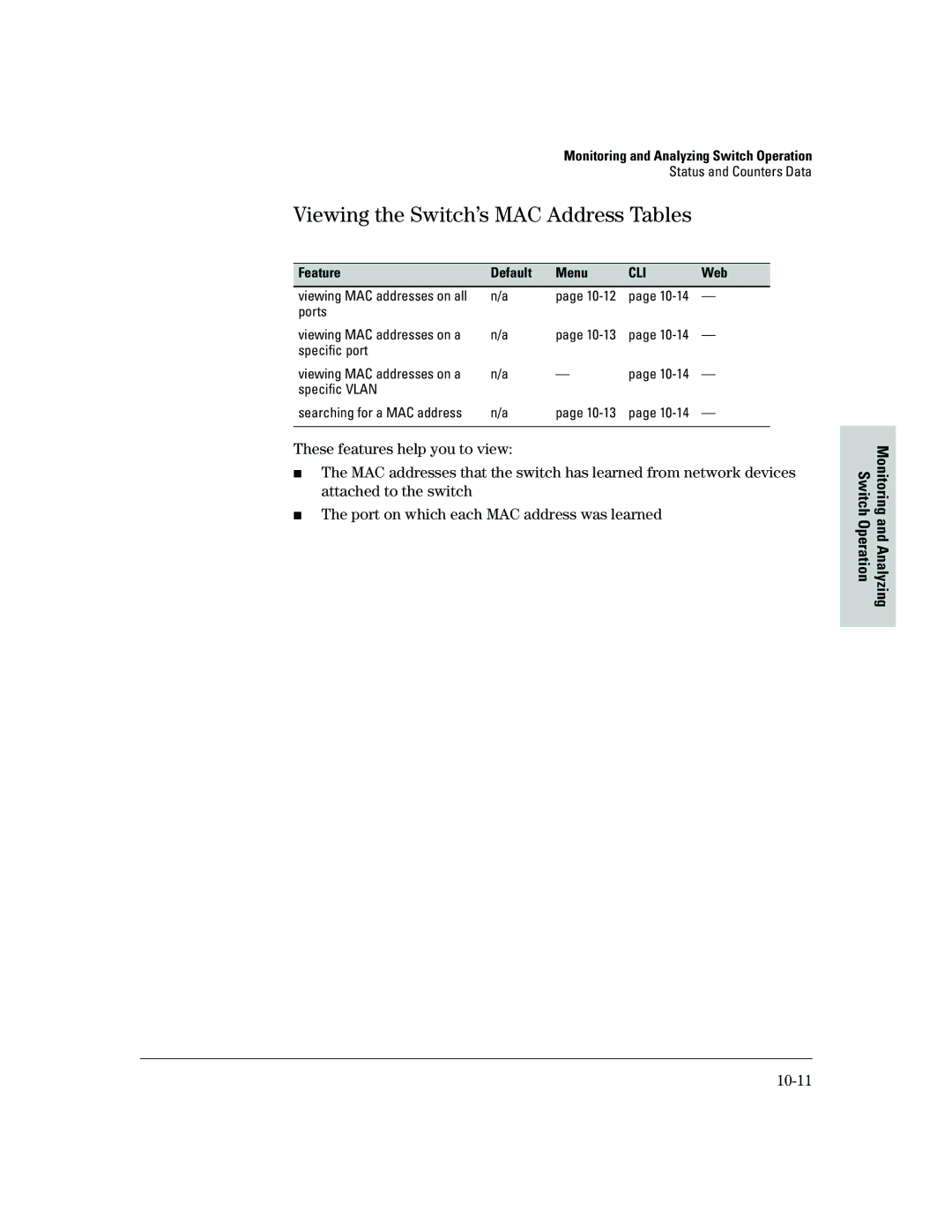 HP 2500 manual Viewing the Switch’s MAC Address Tables, 10-11 