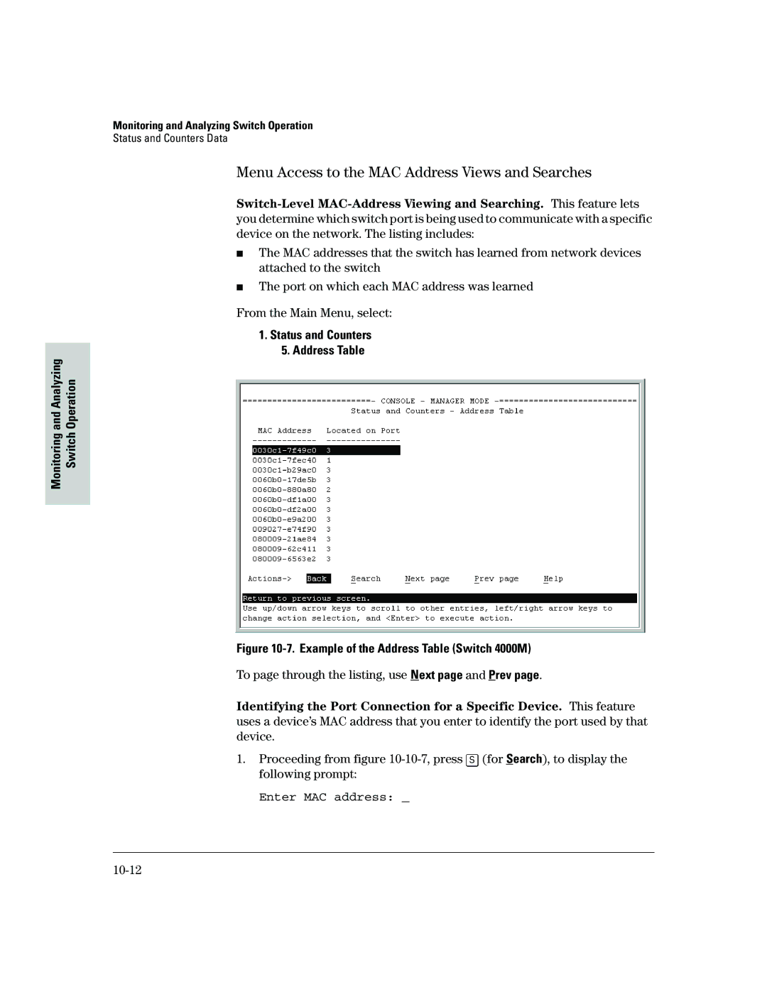 HP 2500 Menu Access to the MAC Address Views and Searches, Status and Counters Address Table, Enter MAC address, 10-12 