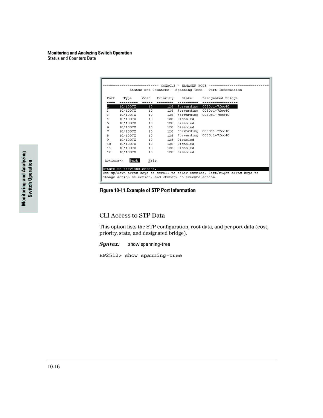 HP 2500 manual CLI Access to STP Data, HP2512 show spanning-tree, 10-16 