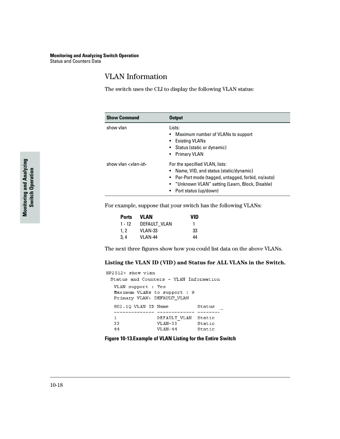 HP 2500 manual Vlan Information, Switch uses the CLI to display the following Vlan status, Ports, 10-18, VLAN-33 VLAN-44 