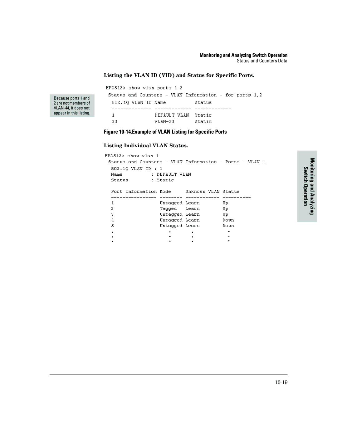 HP 2500 manual Listing the Vlan ID VID and Status for Specific Ports, Listing Individual Vlan Status, 10-19 