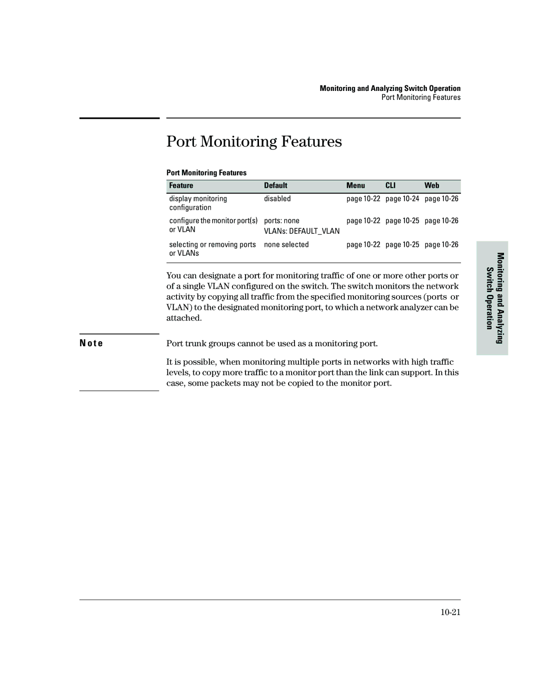 HP 2500 manual 10-21, Port Monitoring Features Default Menu 