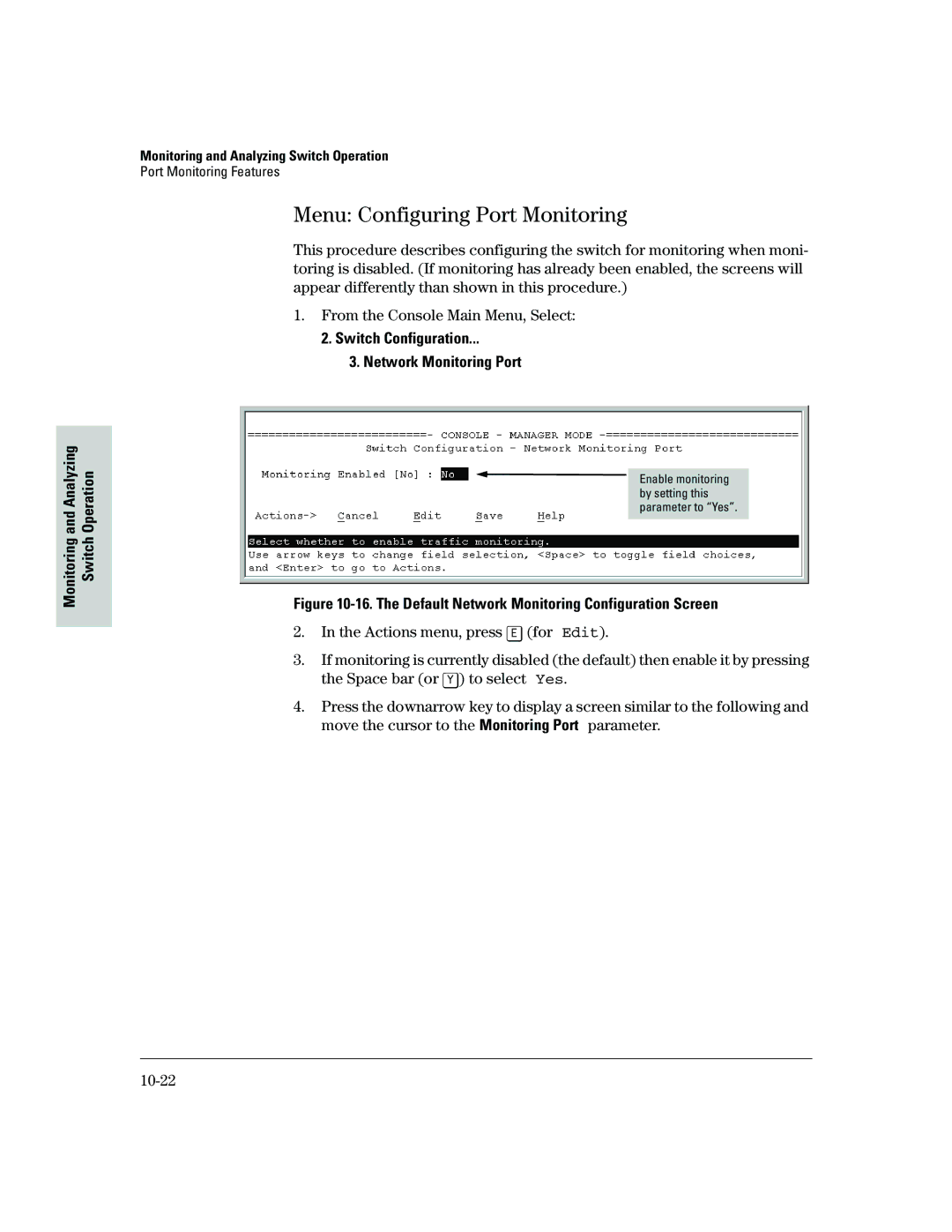 HP 2500 manual Menu Configuring Port Monitoring, Switch Configuration Network Monitoring Port 