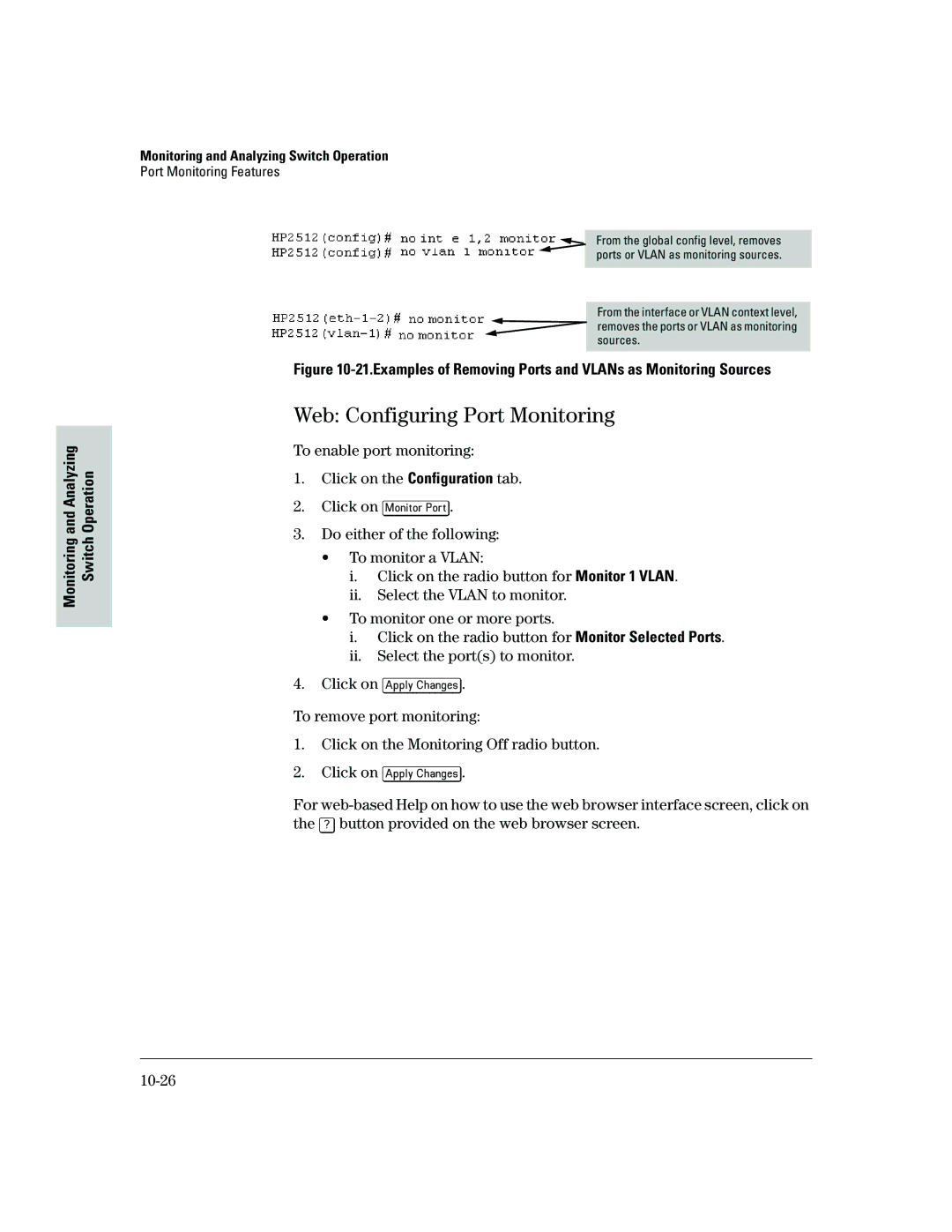 HP 2500 Web Configuring Port Monitoring, To enable port monitoring Click on the Configuration tab, Click on Monitor Port 