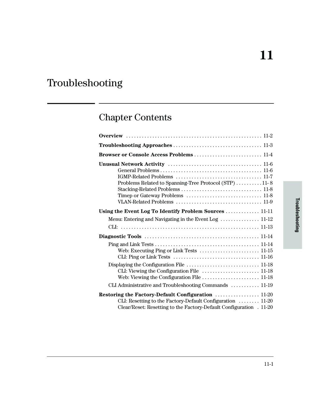 HP 2500 manual Menu Entering and Navigating in the Event Log, Troubleshooting, 11-1 