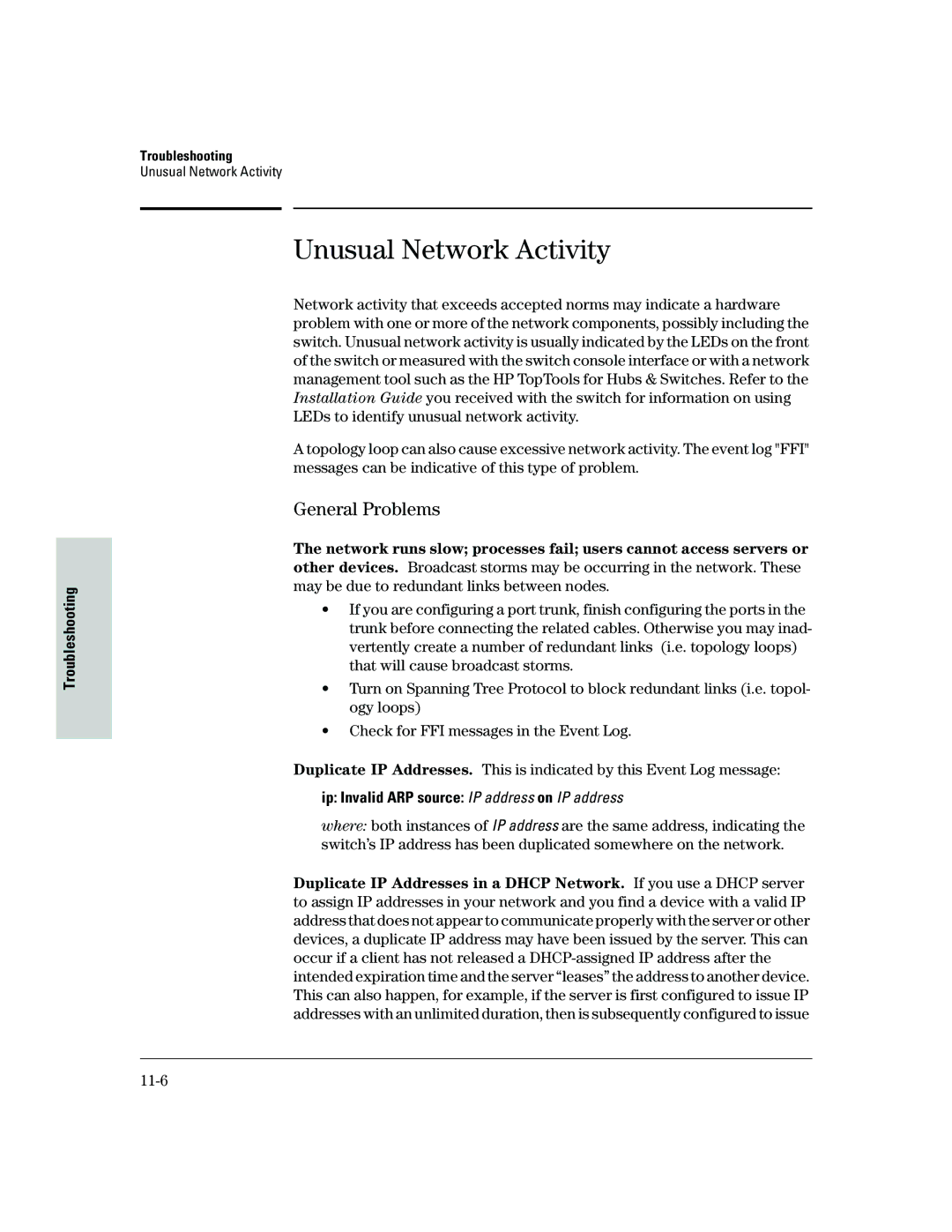 HP 2500 manual Unusual Network Activity, General Problems, Ip Invalid ARP source IP address on IP address, 11-6 