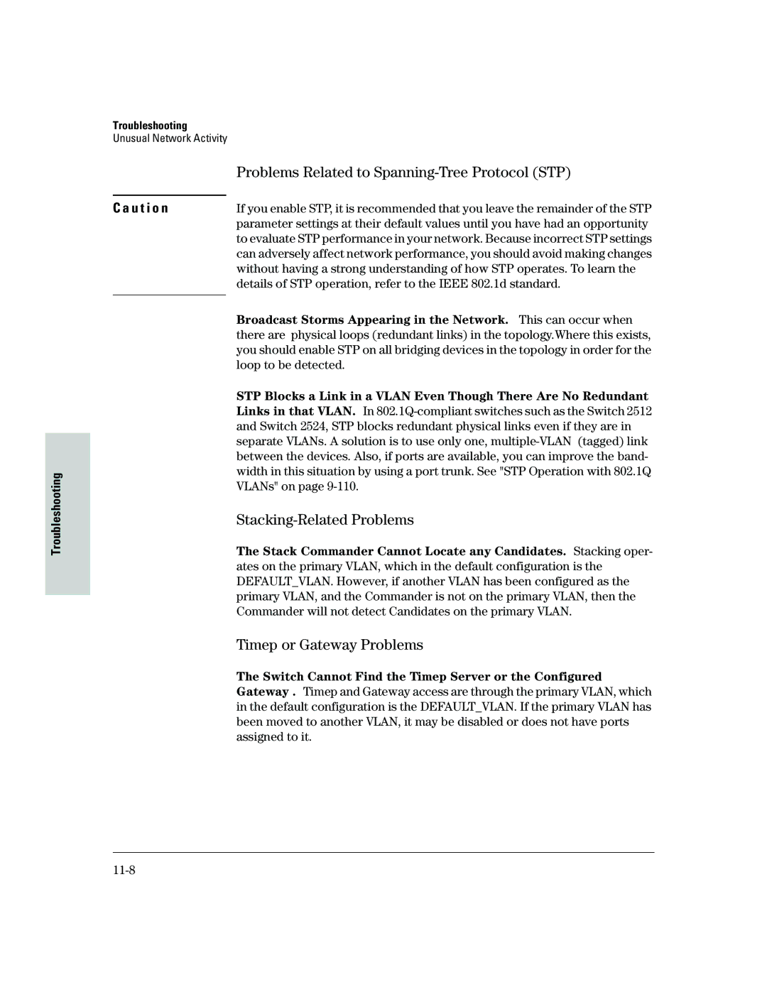 HP 2500 manual Problems Related to Spanning-Tree Protocol STP, Stacking-Related Problems, Timep or Gateway Problems 