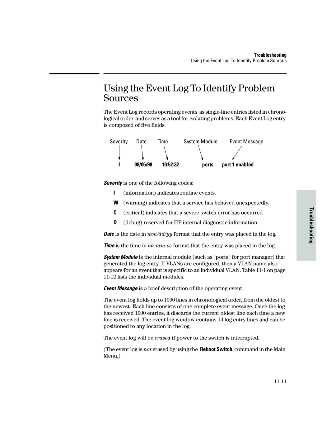 HP 2500 Using the Event Log To Identify Problem Sources, Date Time System Module, 08/05/98 105232 Ports Port 1 enabled 