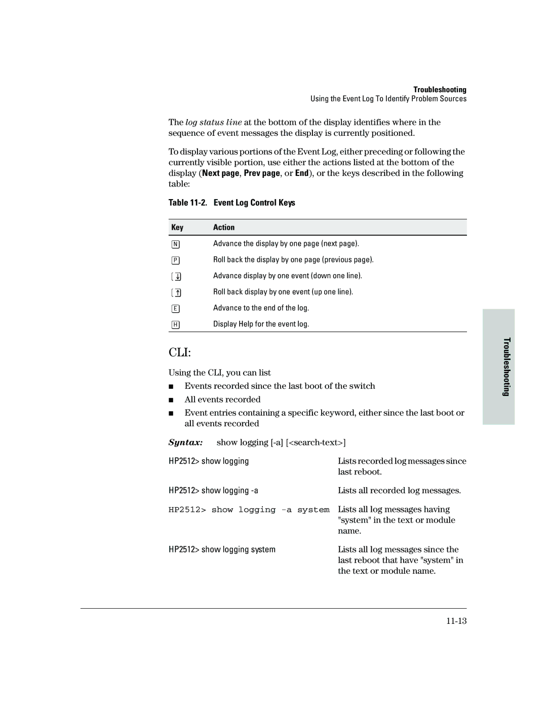 HP 2500 manual Event Log Control Keys, HP2512 show logging -a system 