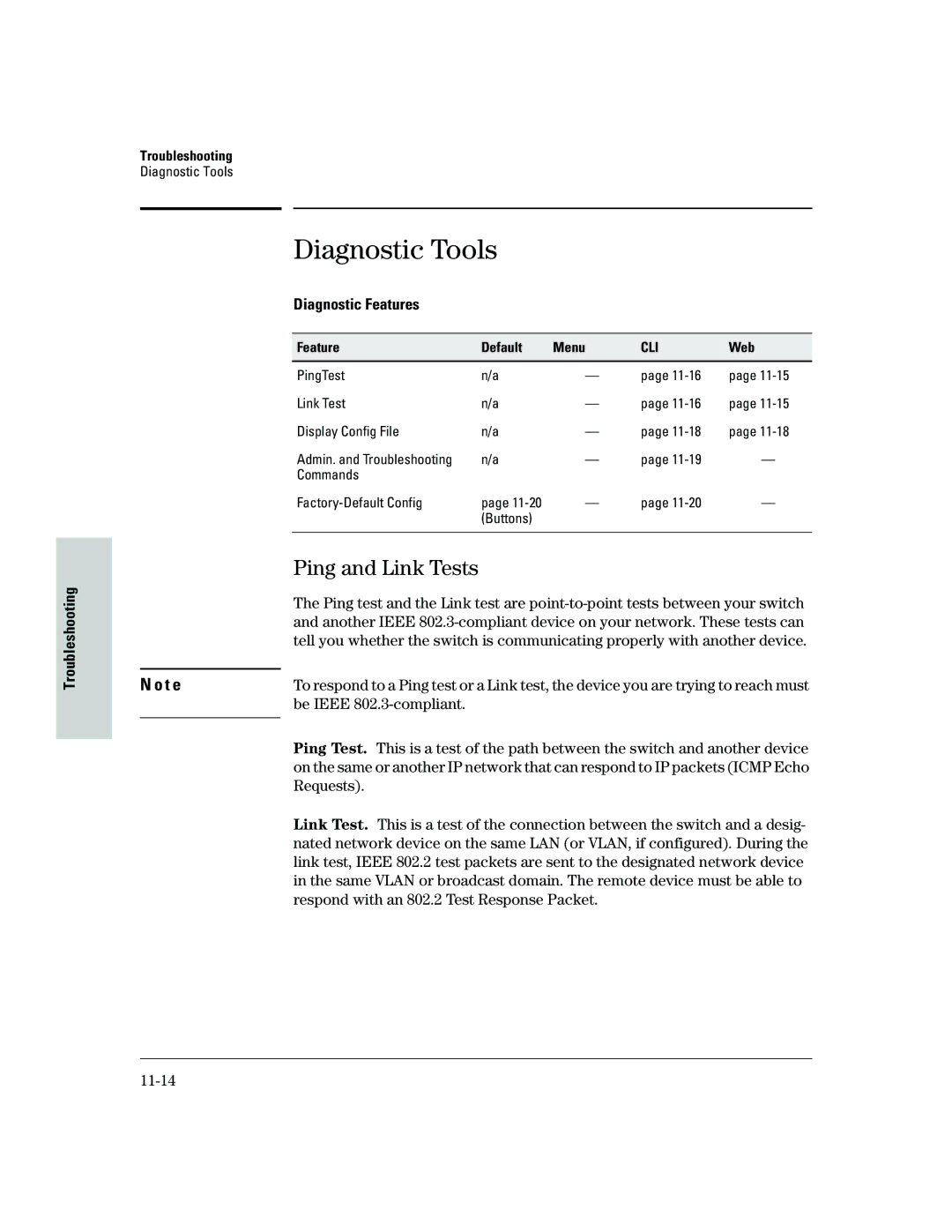 HP 2500 manual Diagnostic Tools, Ping and Link Tests, Diagnostic Features 