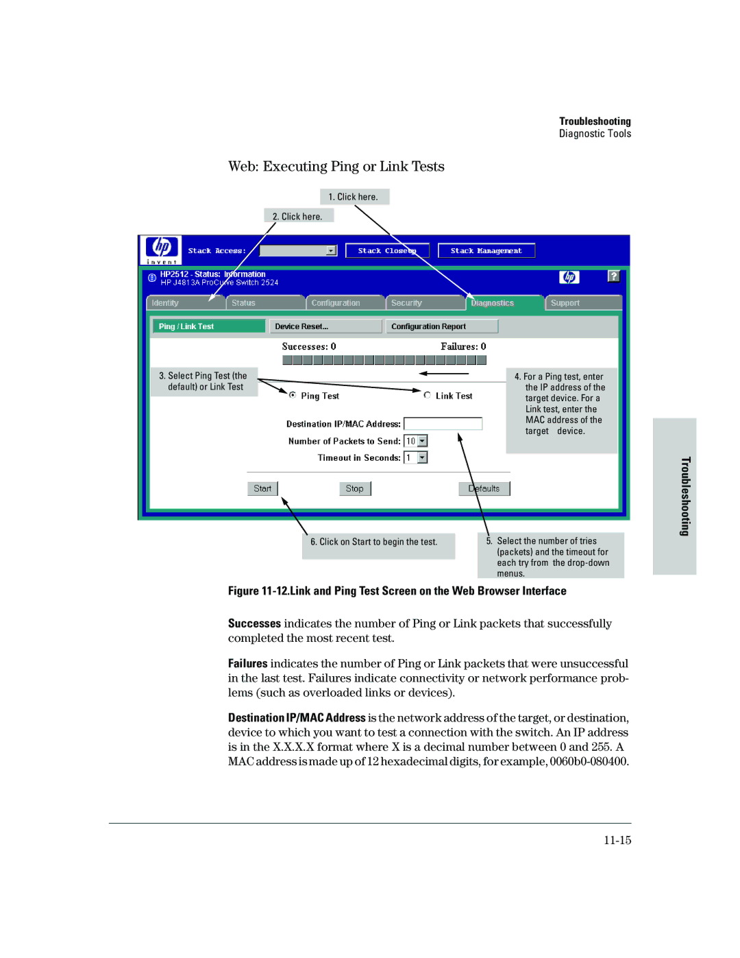 HP 2500 manual Web Executing Ping or Link Tests, 11-15 