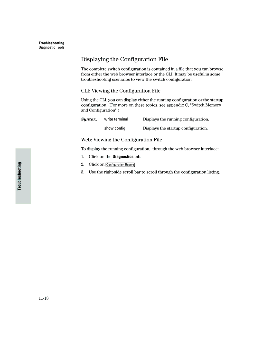 HP 2500 manual Displaying the Configuration File, CLI Viewing the Configuration File, Web Viewing the Configuration File 