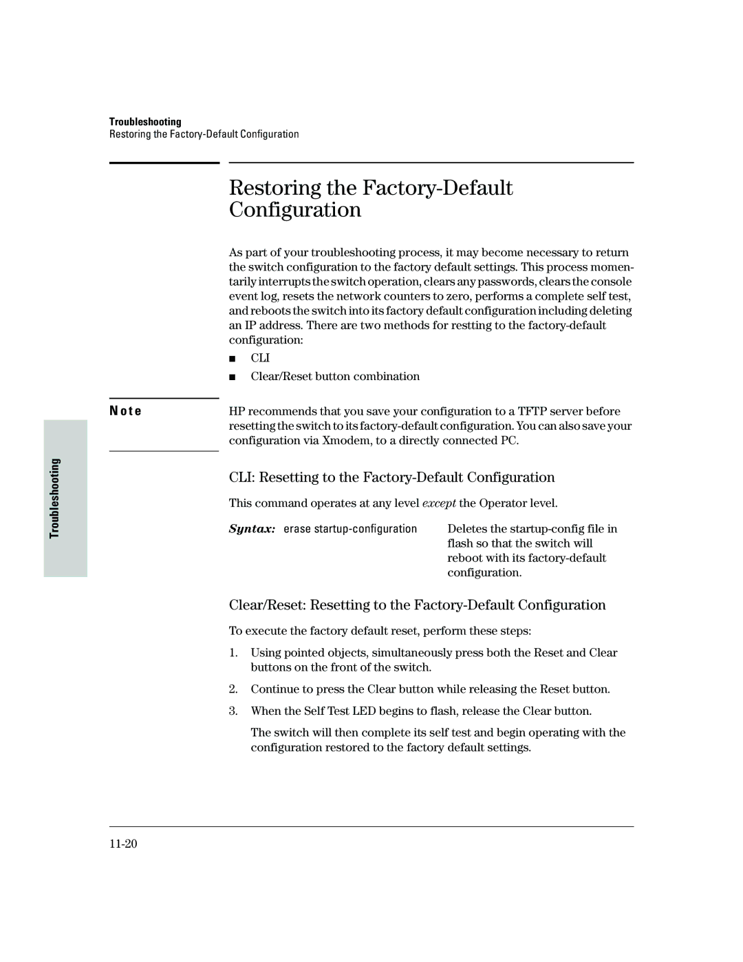 HP 2500 manual Restoring the Factory-Default Configuration, CLI Resetting to the Factory-Default Configuration 