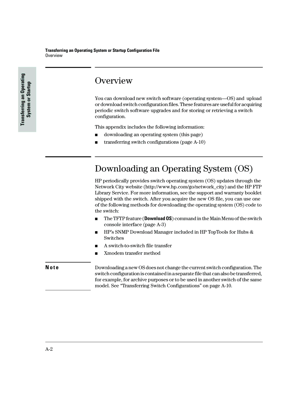 HP 2500 manual Downloading an Operating System OS, Model. See Transferring Switch Configurations on page A-10 