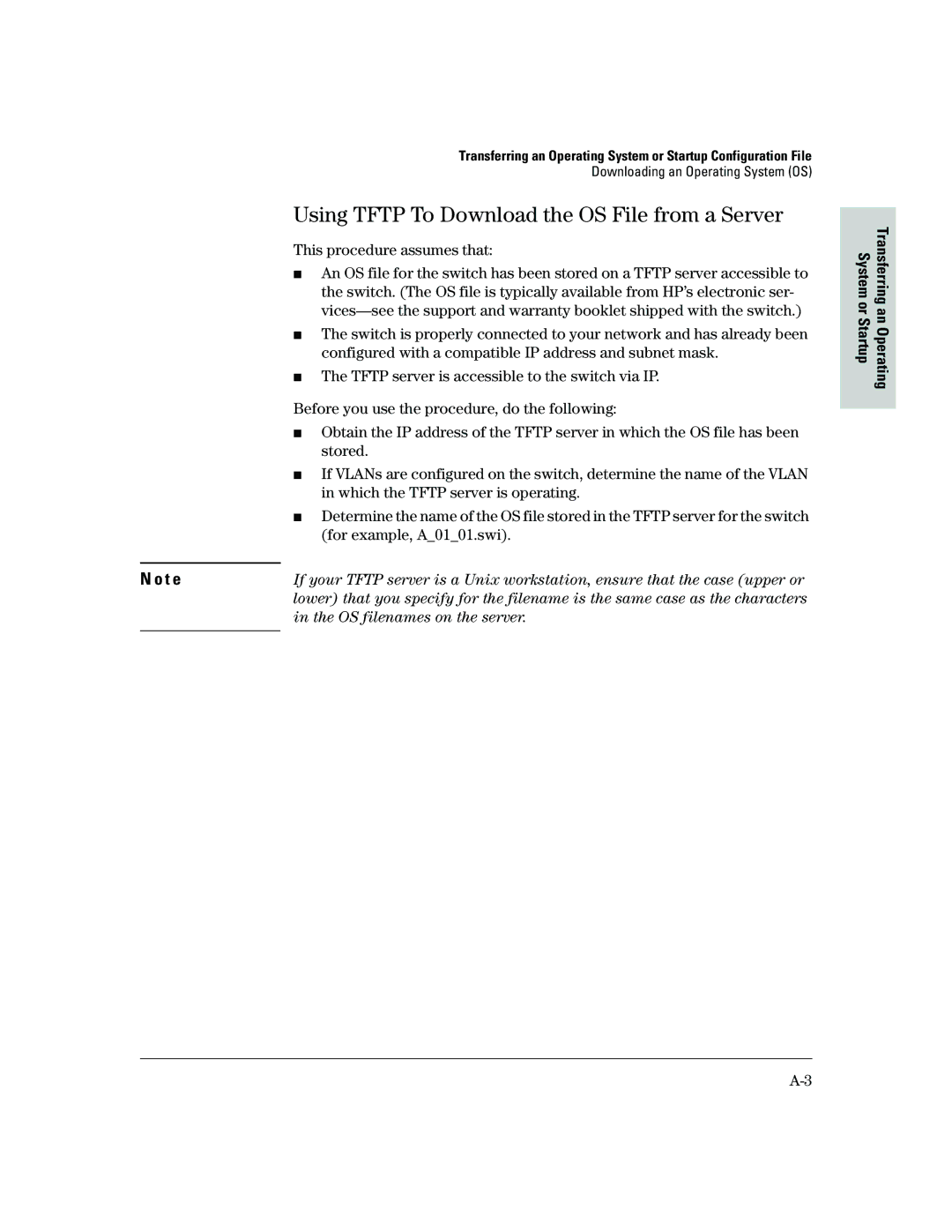 HP 2500 manual Using Tftp To Download the OS File from a Server, Downloading an Operating System OS 