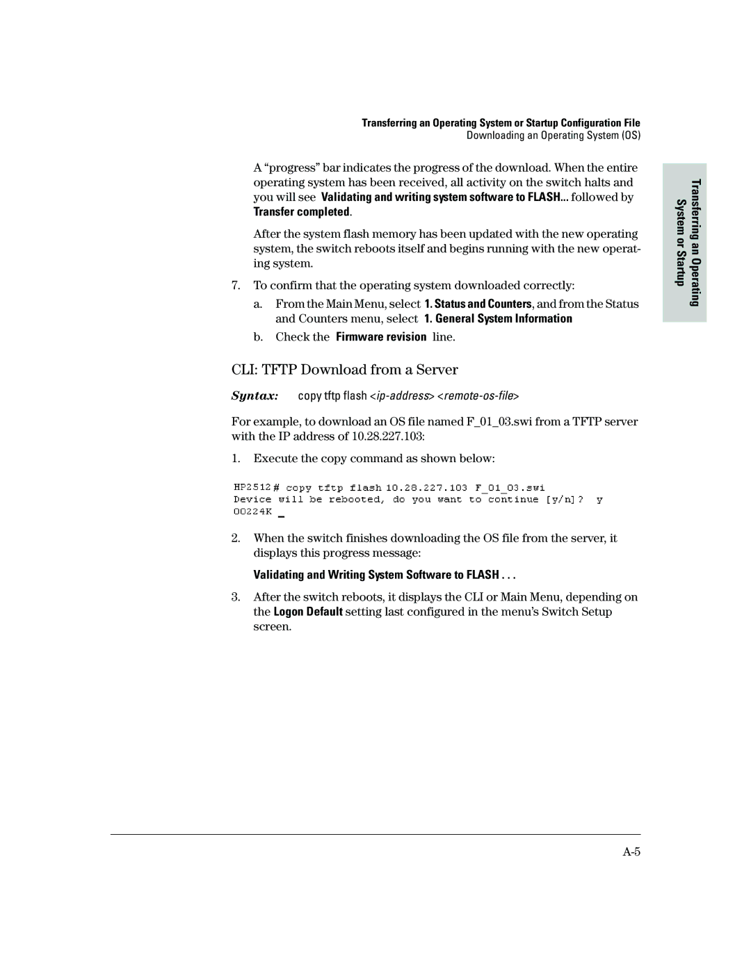 HP 2500 CLI Tftp Download from a Server, Check the Firmware revision line, Validating and Writing System Software to Flash 