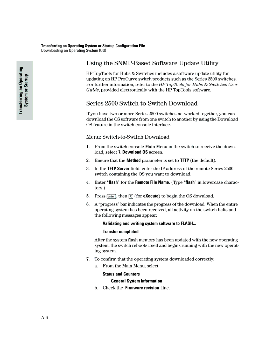 HP Using the SNMP-Based Software Update Utility, Series 2500 Switch-to-Switch Download, Menu Switch-to-Switch Download 