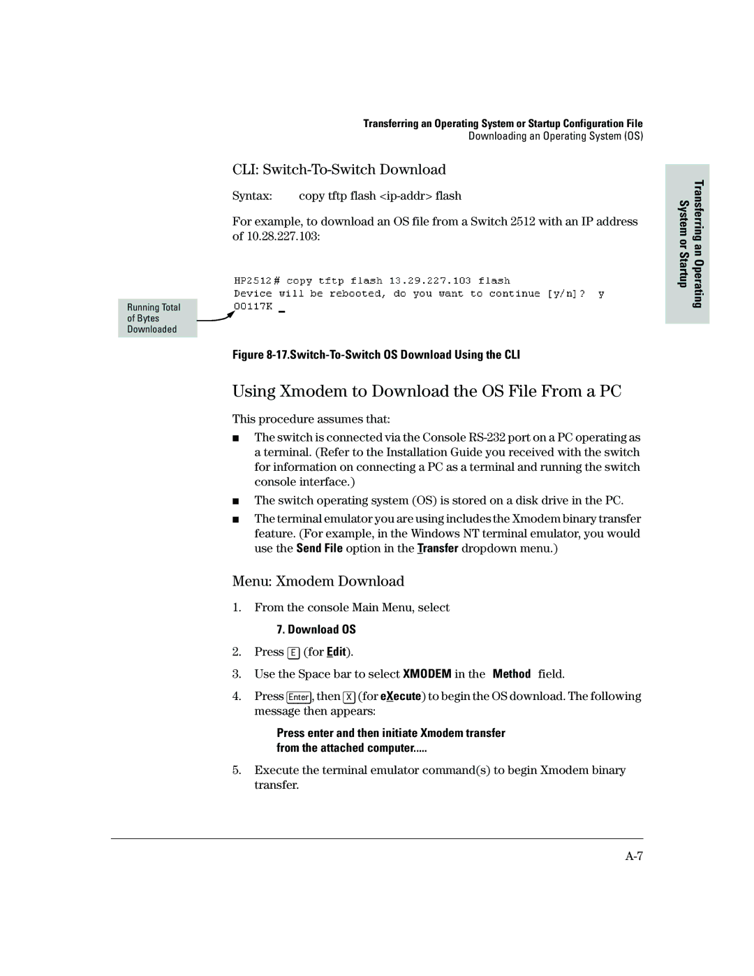 HP 2500 manual Using Xmodem to Download the OS File From a PC, CLI Switch-To-Switch Download, Menu Xmodem Download, Syntax 