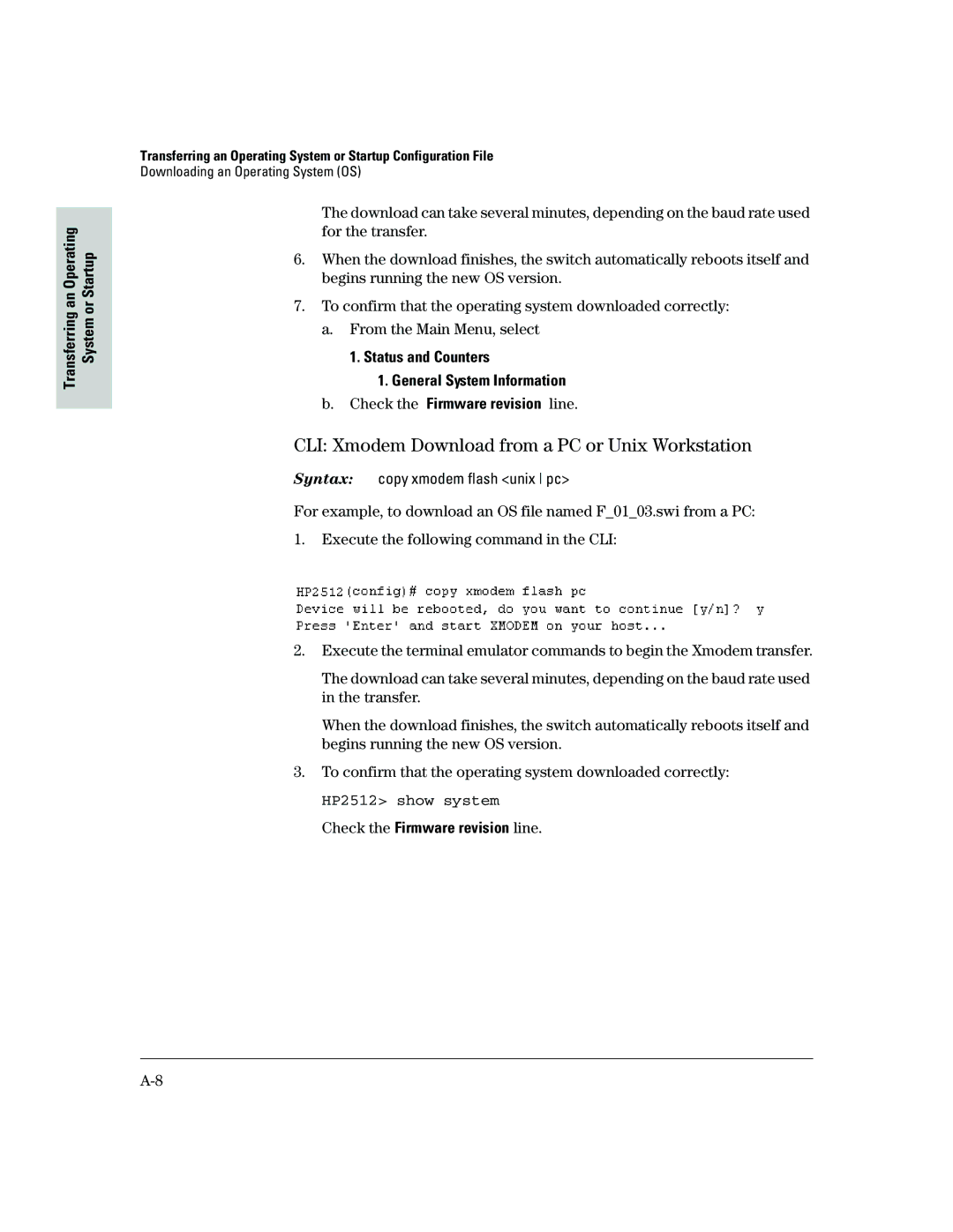 HP 2500 manual CLI Xmodem Download from a PC or Unix Workstation, HP2512 show system 