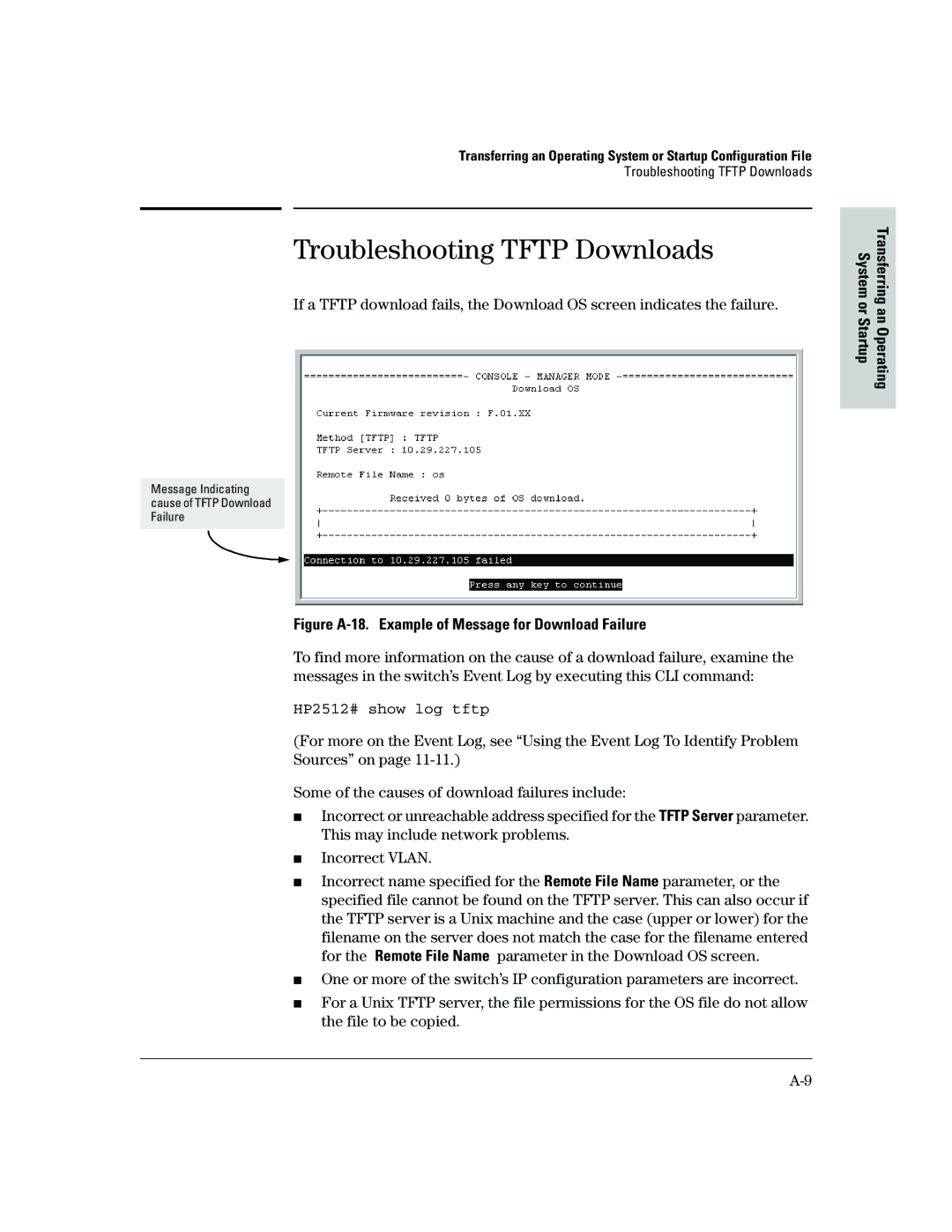 HP 2500 manual Troubleshooting Tftp Downloads, HP2512# show log tftp 